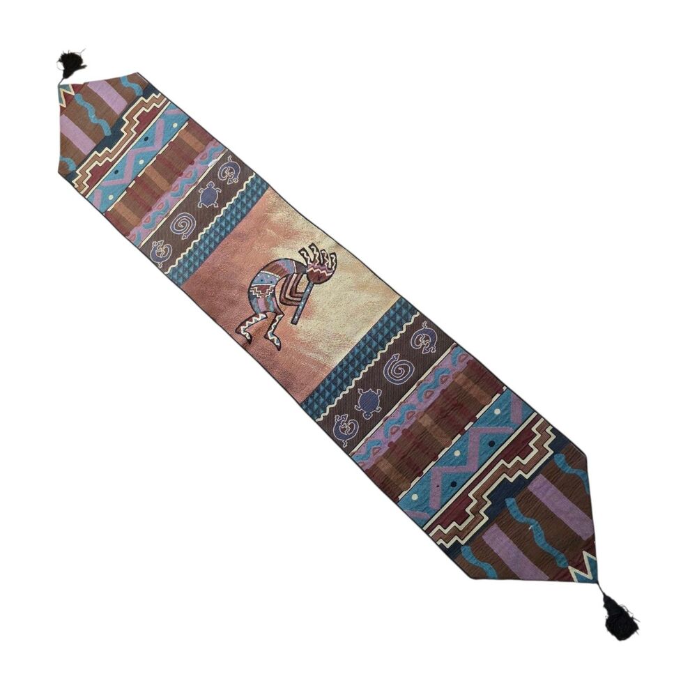 Vohann Southwestern Dancing Kokopelli Gecko Teal Black Table Runner 68" x 13"
